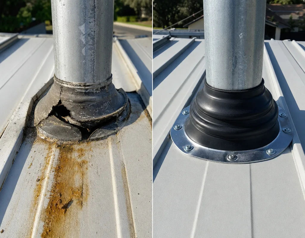 Before-and-after comparison of a worn pipe boot replaced with a properly fitted boot and flashing