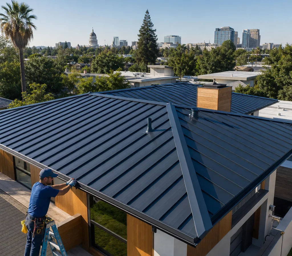 Sacramento home with a newly installed standing seam metal roof, clean ridge cap, and properly flashed penetrations