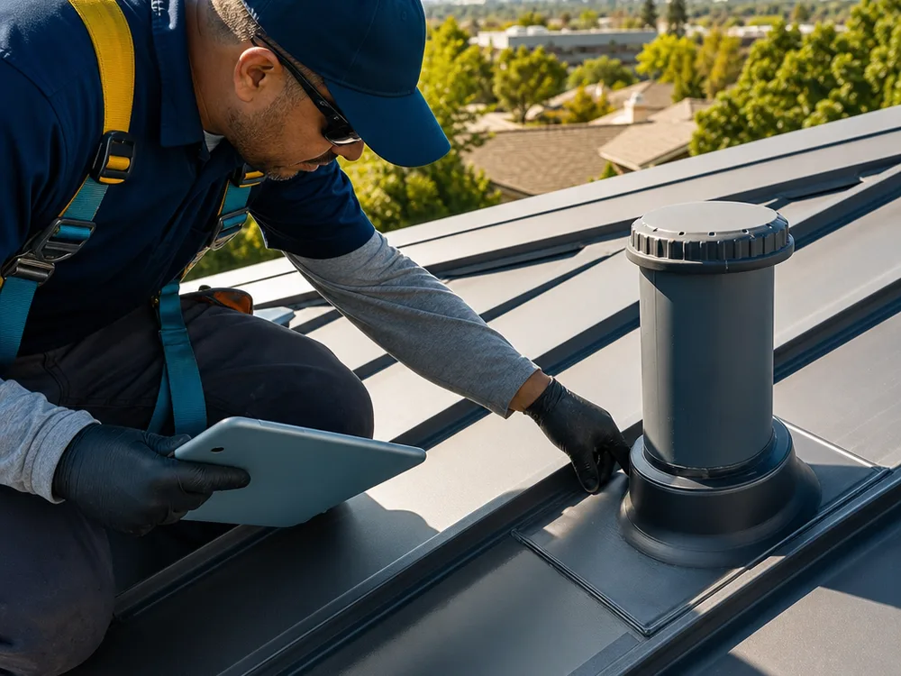 Close-up roof assessment documenting properly installed flashing around a plumbing vent and clean sealant lines