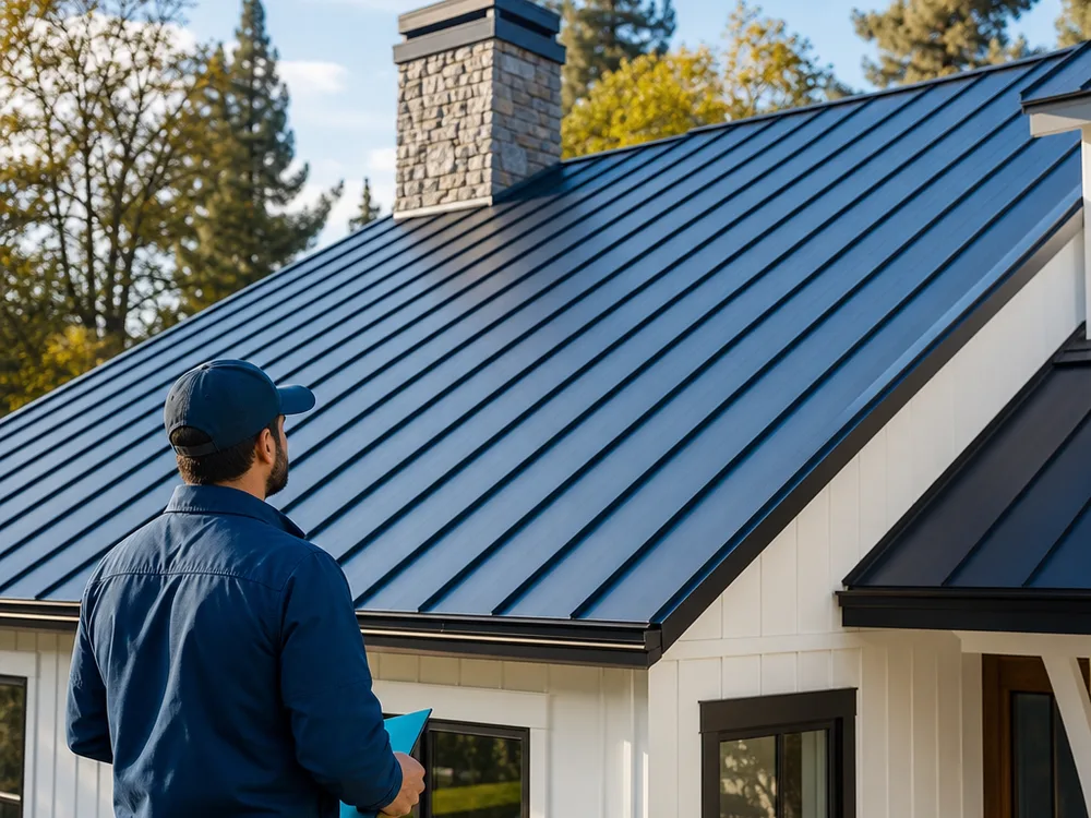 Finished standing seam metal roof on a Sacramento home with straight panel runs, uniform seams, and neat edge trim