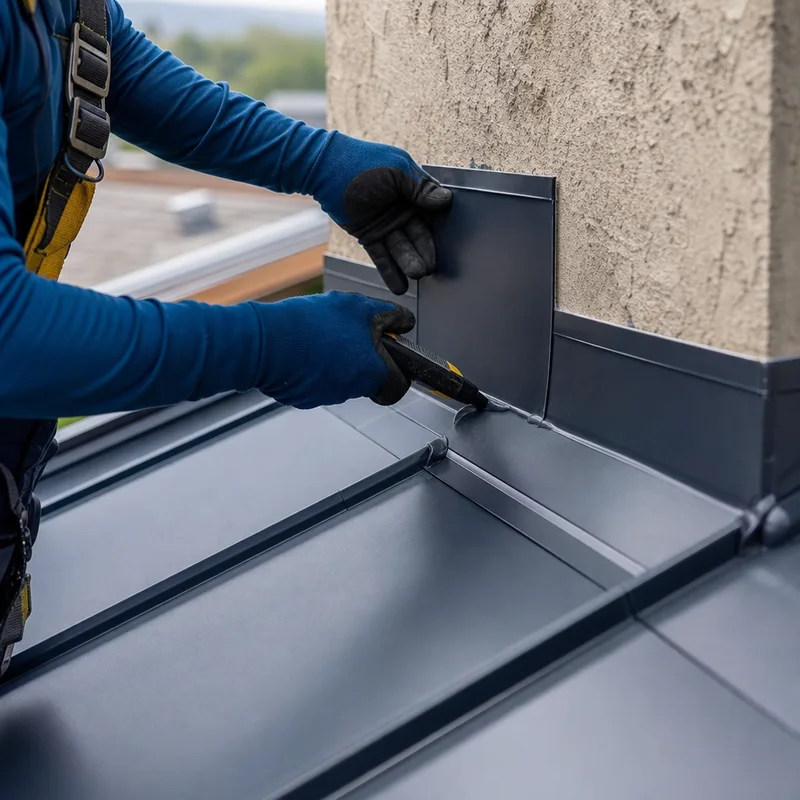 Counterflashing integrated with metal panels at a wall transition