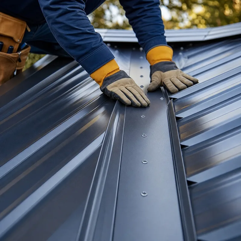 Metal roof valley with straight overlaps and a clean fastener pattern
