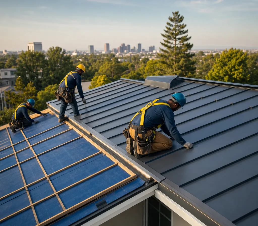 Crew installing standing seam metal roofing on a Sacramento home
