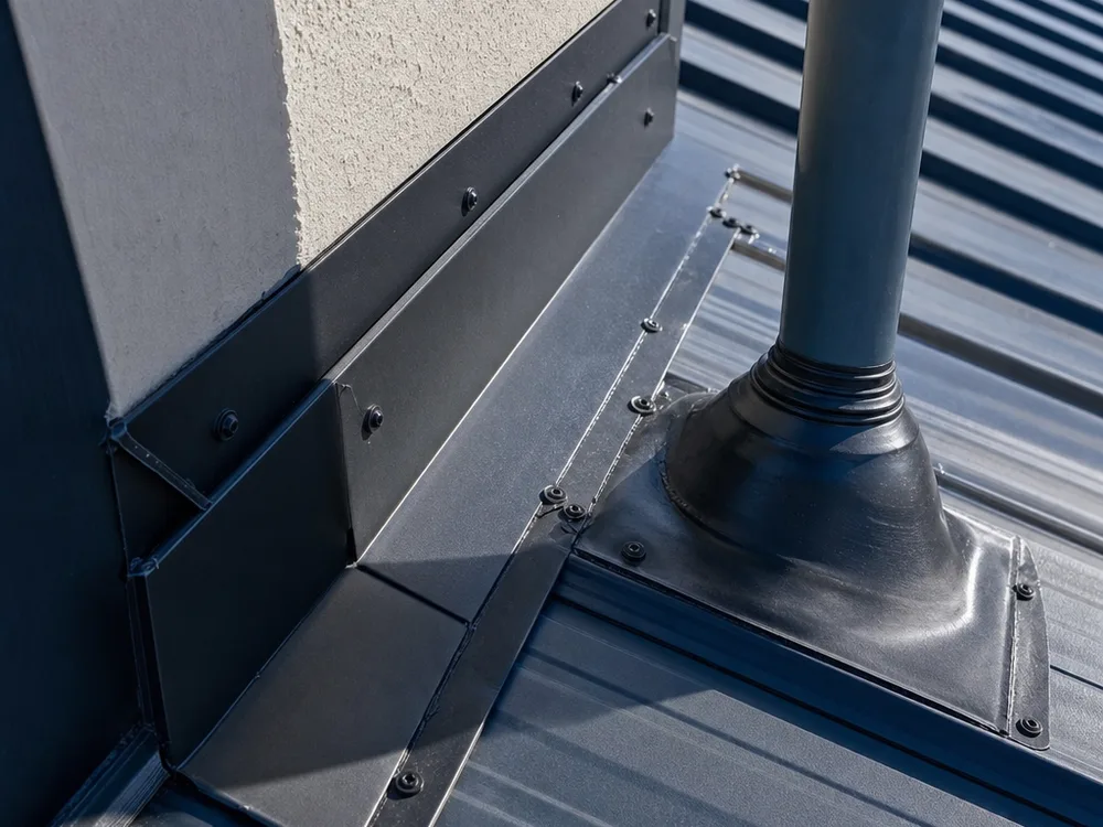 Metal roof wall flashing and pipe penetration details