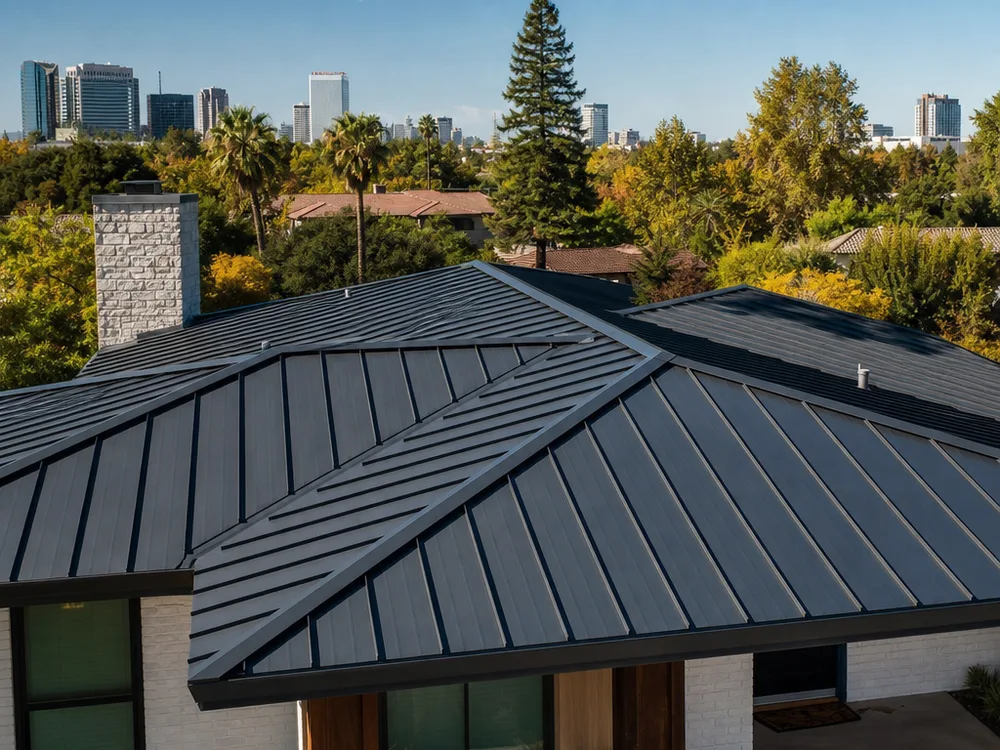 Finished Sacramento standing seam roof with ridge cap and perimeter trim