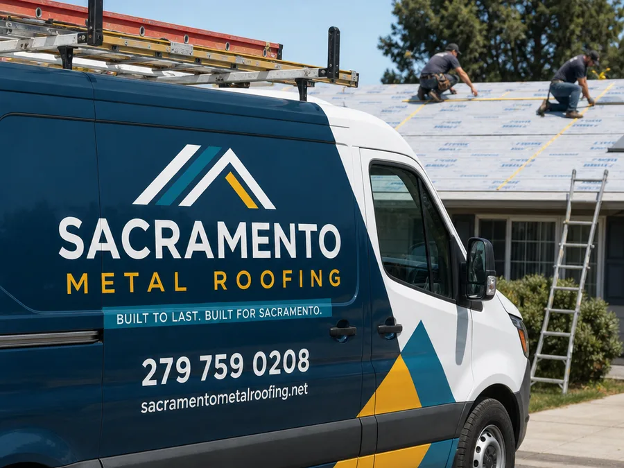 Roofing crew measuring and laying out metal panel runs