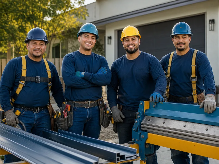 Sacramento Metal Roofing crew with metal panels and roofing tools